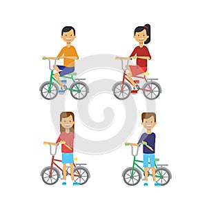 Set different poses boy girl on bicycle over white background. cartoon character. full length flat style