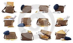 Set with different postman`s bags with mails and newspapers on white background