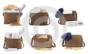 Set with different postman`s bags with mails and newspapers on white background