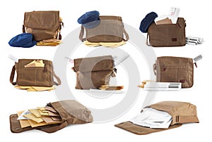 Set with different postman`s bags with mails and newspapers on white background