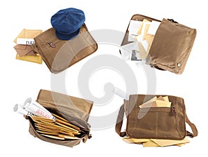 Set with different postman`s bags with mails and newspapers on white background, top view