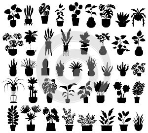 Set of different potted houseplants silhouettes. indoor flowers or plants in flowerpots or vases flat vector illustrations