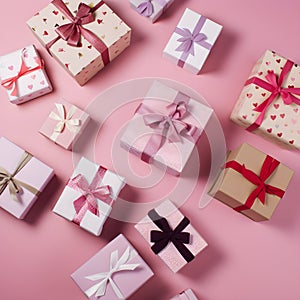 Set of different present boxes with silk ribbons bow on paslet pink background, gift card. Gift or holiday concept. Mothers Day,