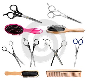 Set of different professional hairdresser scissors, brushes and combs on background