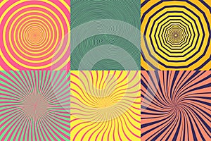 Set of different psychedelic spiral, vortex, twirl. Vector colorful backgrounds collection.