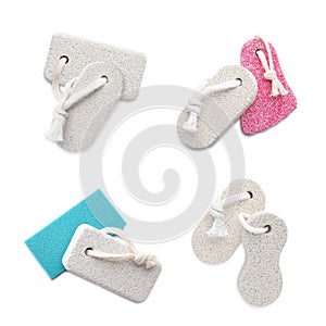 Set with different pumice stones on white background. Pedicure tool