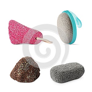 Set with different pumice stones on white background. Pedicure tool