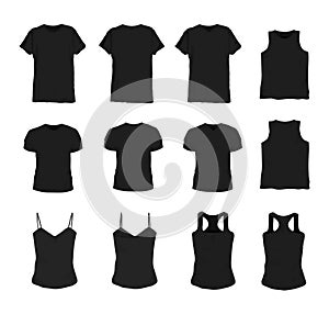 Set of different realistic black t-shirt for man and woman. Front and back view. Shirt sleeveless, short-sleeve, singlet