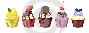 Set of different realistic cupcakes with cream and icing. Cupcake with chocolate, lemon cream, cherry, strawberry