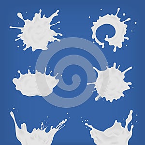 Set of different realistic milk splash and pouring. White spots, drops of various shapes collection. Vector illustration