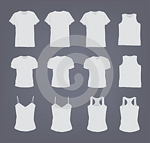 Set of different realistic white female and male t-shirt. Front and back view. Shirt sleeveless, short-sleeve, singlet