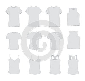 Set of different realistic white t-shirt for man and woman. Front and back view. Shirt sleeveless, short-sleeve, singlet