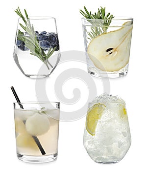 Set with different refreshing cocktails on background
