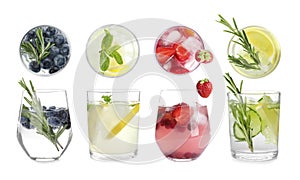 Set with different refreshing cocktails on background. Banner design