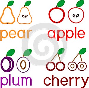 Set of different ripe fruits apple, pear, plum and cherry