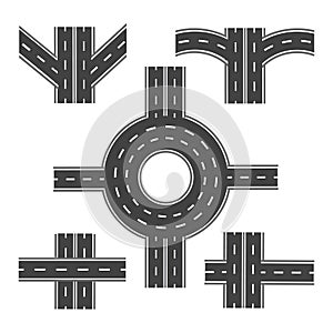 Set of different road sections with roundabouts and various intersections . illustration