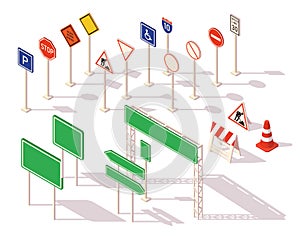 Set of different road signs isometric. Common warning signs symbols and road traffic regulatory. Flat 3d isometric icons road