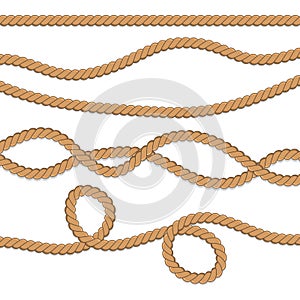 Set of different ropes. String  jute  thread  cord and twisted rope knots. Nautical yellow rope woven symbol.