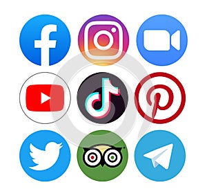 Set of different round popular social media and other icons: Facebook, Instagram, Zoom, Youtube and others, vector illustration