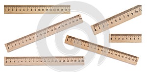 Set with different rulers with measuring length markings in centimeters on white background