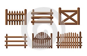 Set of different rural wooden fences isolated on white background.