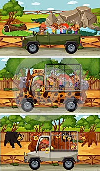 Set of different safari horizontal scenes with animals and kids cartoon character