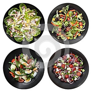 Set of Different Salads on White Background photo