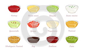 Set of different sauces and dressings in glass bowls.