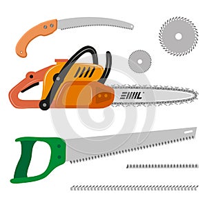 Set of Different Saws. Hand saw. Chainsaw. Circular Saw.