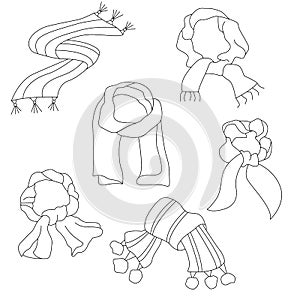 A set of different scarves. Vector outline illustration.