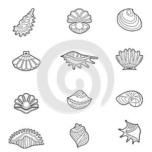 Set with different sea shells. Contour linear illustration for coloring book. Anti stress picture. Line art design for adult or