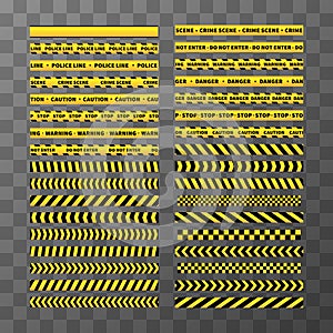 Set of different seamless yellow and black caution tapes on transparent background