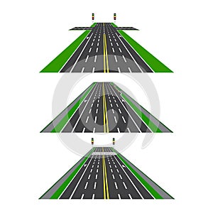 Set of different sections of the road with intersections, bike lanes, sidewalks and intersections. Perspective image