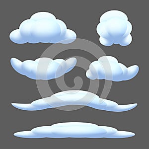 Set of different shapes of cartoon clouds. Vector illustration of blue fluffy bubbles isolated on a grey background