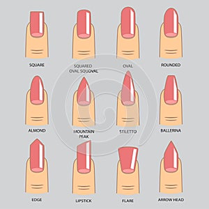 Set of different shapes of nails on gray. Nail shape icons.