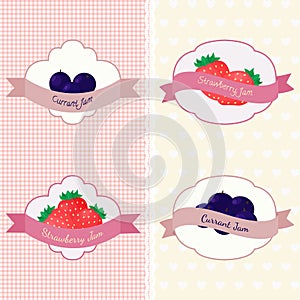Set of different shapes with strawberry and currant on two patterns backgrounds with polka dots and hearts.