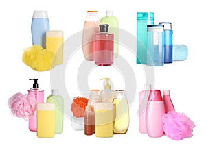 Set with different shower gels on white background