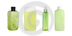 Set with different shower gels on white background. Banner design