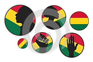 Set of different silhouettes of African American people with red, yellow, green flag on the background. Vector EPS10