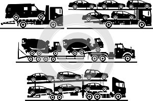 Set of different silhouettes auto transporters on white background. Vector illustration.