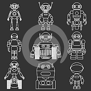 Set of different silhouettes robots flat linear vector icons on black background. Vector illustration.