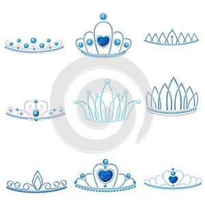 Set of different silver crowns with large and small jewel of sapphires. Vector illustration.