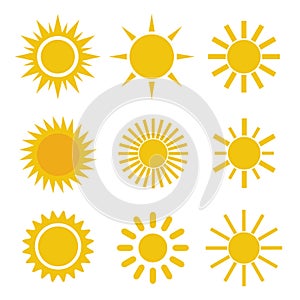 Set of Different Simple Yellow Orange Sun Icons on White Background - Spiky and Wavy Rays