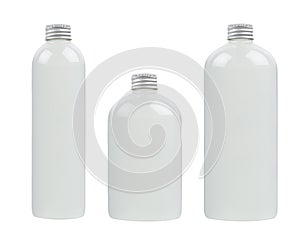 Set of different size plastic tall, low and thick bottles with water, silver cap mockup, isolated, template.