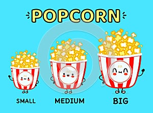 Set of different size popcorn vectors isolated on blue. Illustration of a small, medium and big popcorn collection