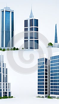 Set of different skyscraper buildings isolated on white. 3d illustration, AI Generative Illustration Graphic Design Art Icon