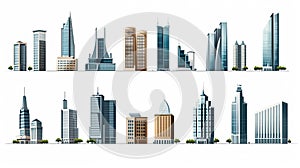 Set of different skyscraper buildings isolated on white