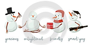 Set of different Snowmen. Precious frosty, gracious with gift, enlightened, friendly, squint, bird, yoga. .