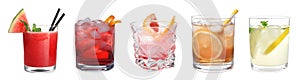 Set of different soft and strong refreshing drinks on background. Banner design