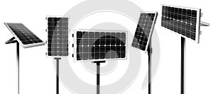 Set with different solar panels on background, banner design. Alternative energy source